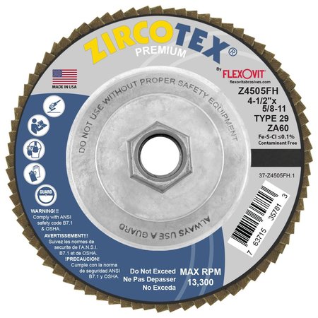 FLEXOVIT FLAP DISC ZIRCOTEX 4-1/2inX5/8-11 Z4505FH